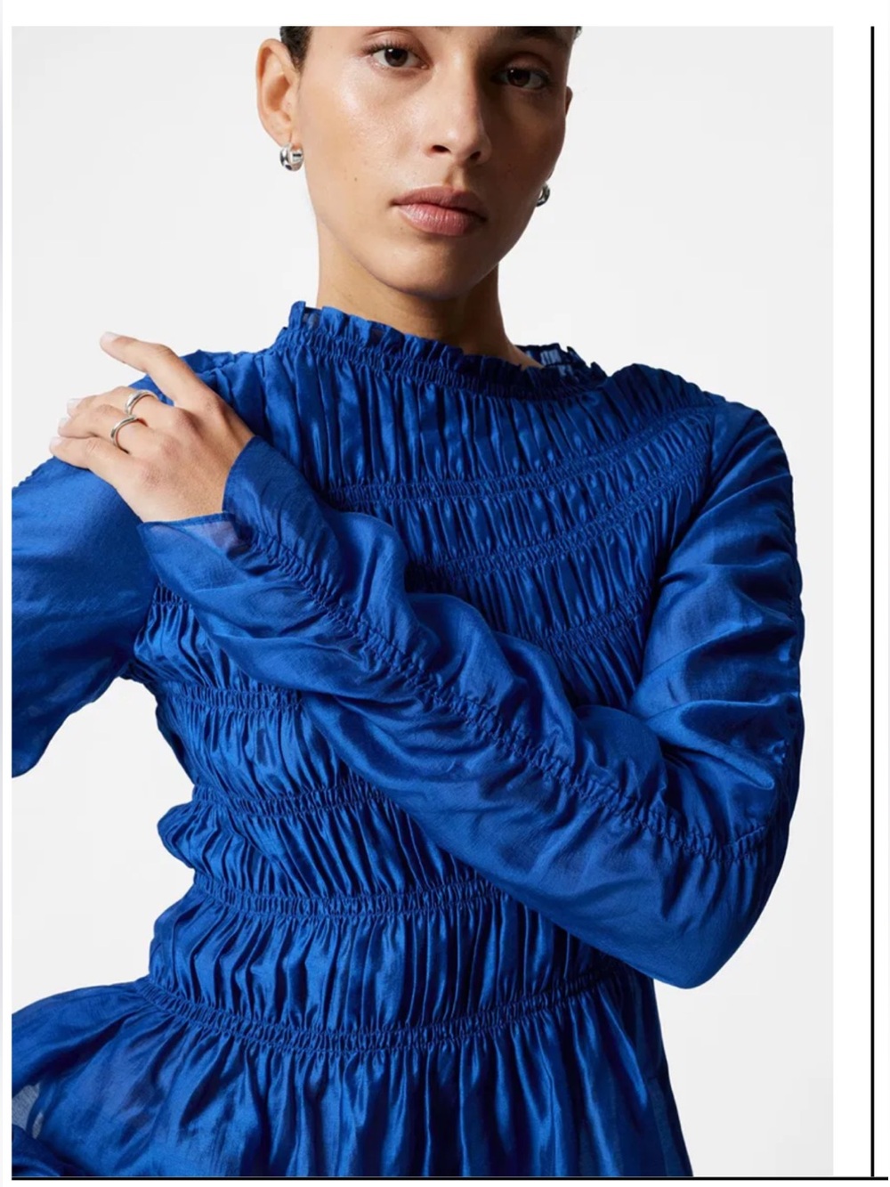 & Other Stories Royal Blue Ruched Smocked Asymmetrical Long-Sleeve Blouse size M